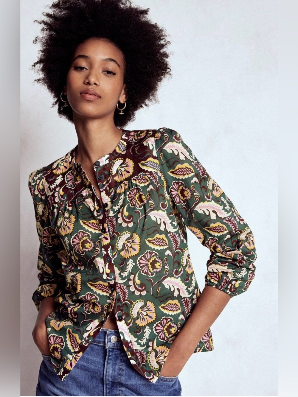 Boden Corrine Cotton Top Ornate Meadow Floral Blouse Dark Green - size 12
